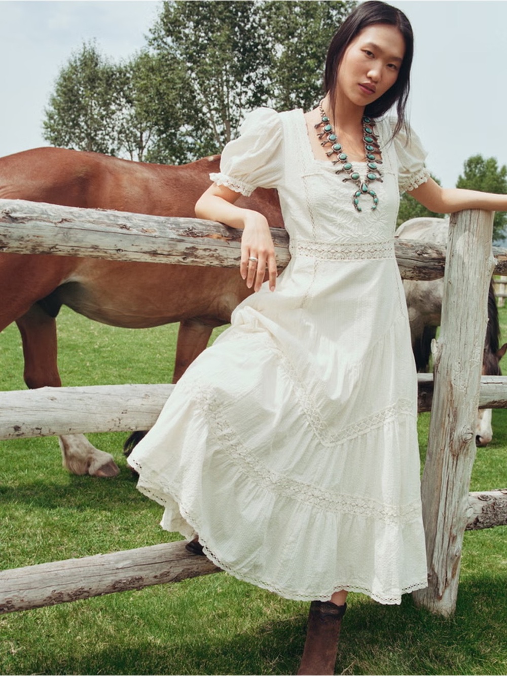 Kemo Sabe x Abercrombie & Fitch Puff Sleeve Lace-Pieced Maxi Dress XS